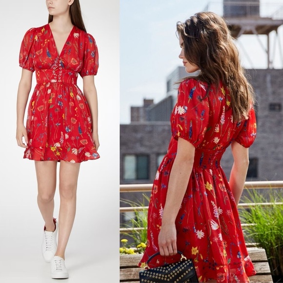 THE KOOPLES Floral Satin Puff Short Sleeve Lace Up Front Ruffle Hem Mini Dress S - Picture 3 of 12